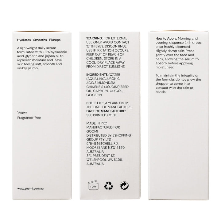 GOOMi Hyaluronic Acid panels showing ingredients, directions and benefits