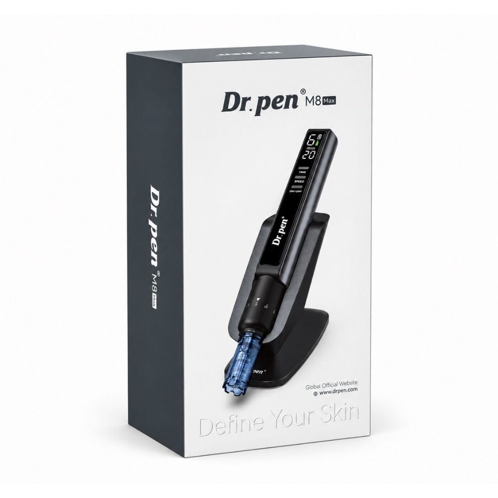 The retail packaging box of Dr. Pen M8 Max Microneedling Pen, featuring a clean white and dark gray design with an illustration of the device on a white background.