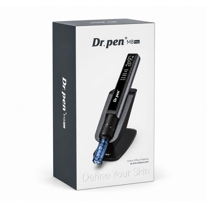 The retail packaging box of Dr. Pen M8 Max Microneedling Pen, featuring a clean white and dark gray design with an illustration of the device on a white background.