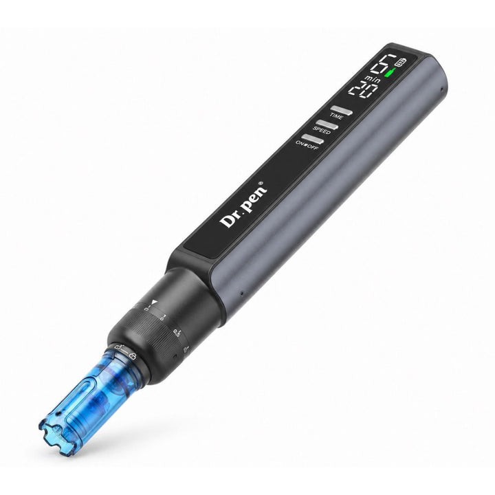 Dr. Pen M8 Max Microneedling Pen angled product view with blue cartridge attached
