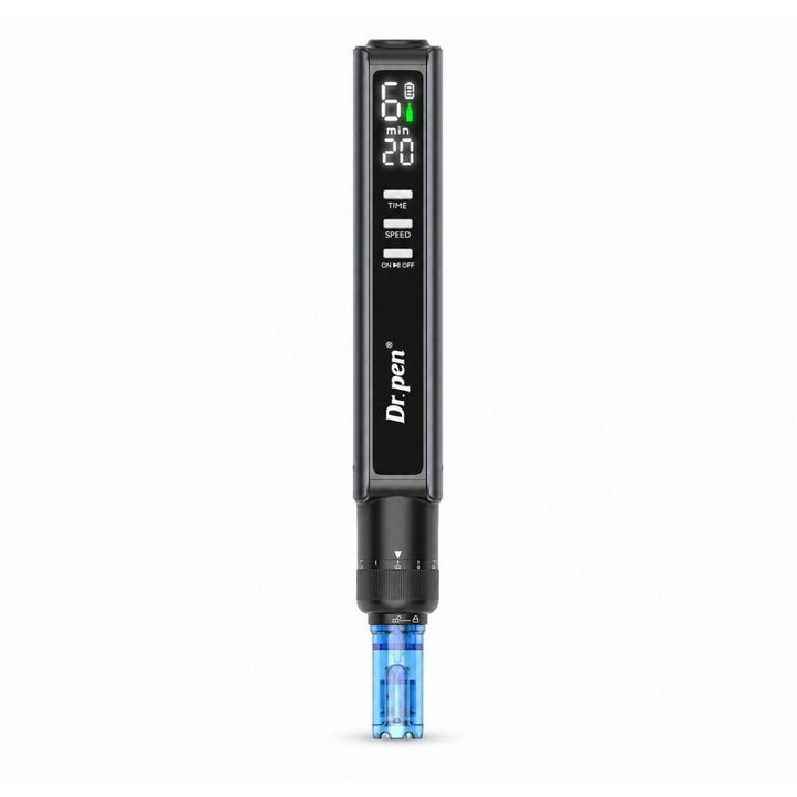 Dr. Pen M8 Max Microneedling Pen front view with LED display and blue cartridge
