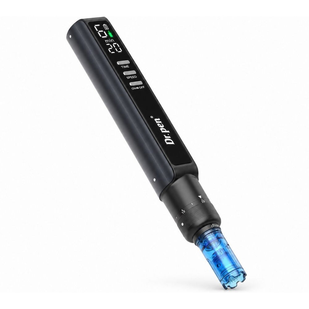 Dr. Pen M8 Max Microneedling Pen angled view with LED display and cartridge
