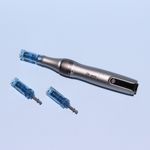Load image into Gallery viewer, Dr. Pen M8S Microneedling Pen flatlay with two cartridges