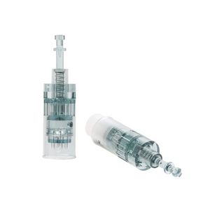 two Dr pen M8 microneedling pin cartridge transparent green standing and flat view