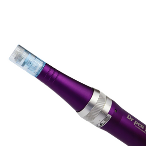  close up of Dr pen X5 Ultima microneedling pin cartridge attached to pen