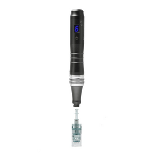 Dr pen M8 black microneedling pen attached to pin cartridge 