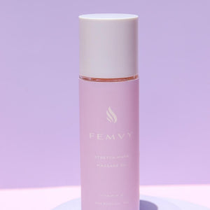 Close up of Femvy Stretch Mark Oil and Scar Treatment bottle